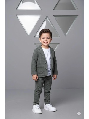 Bontino Erkek Çocuk Desenli Ceket Pantolon ve Tişörtlü 3'lü Takım - Esnek & Pamuklu Kumaş
