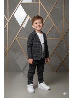 Bontino Erkek Çocuk Desenli Ceket Pantolon ve Tişörtlü 3'lü Takım - Esnek & Pamuklu Kumaş