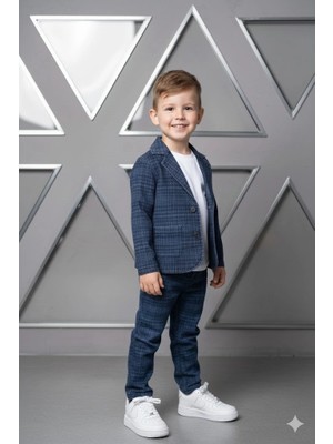 Bontino Erkek Çocuk Desenli Ceket Pantolon ve Tişörtlü 3'lü Takım - Esnek & Pamuklu Kumaş