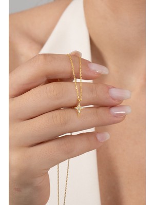 Söğütlü Silver 925 Ayar Gümüş Kolye Altın Yaldızlı Zirkon Taşlı Minimal Kutup Yıldızı Kolye SGTL13149GOLD