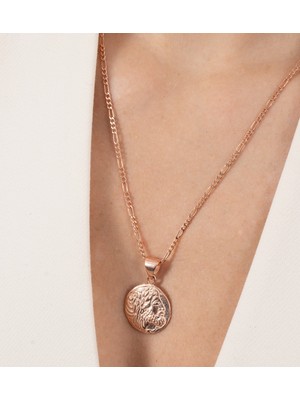 Söğütlü Silver 925 Ayar Gümüş Kolye Rose Figaro Zincirli Antik Para Madalyon Kolye  SGTL13135ROSE