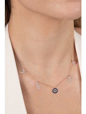 Söğütlü Silver 925 Ayar Gümüş Kolye Rose Zirkon Taşlı Nazarlı Şans Kolyesi SGTL13181ROSE