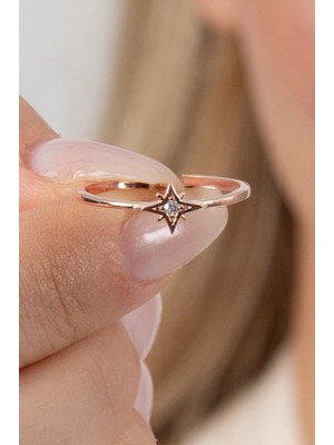 Söğütlü Silver 925 Ayar Gümüş Yüzük Rose Zirkon Taşlı Kuzey Yıldızı Ayarlamalı Yüzük SGTL13130ROSE