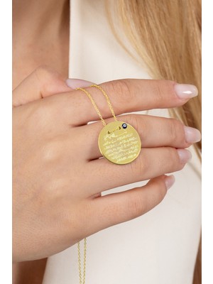 Söğütlü Silver 925 Ayar Gümüş Kolye Altın Yaldızlı Ayetel Kürsi Yazılı Nazarlı Büyük Boy Plaka Kolye SGTL13138GOLD