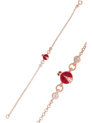 Söğütlü Silver 925 Ayar Gümüş Bileklik Rose Zirkon Taşlı Kırmızı Mineli Uğur Böceği Çocuk Bileklik SGTL13175ROSE