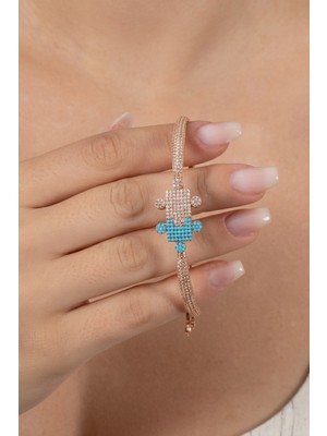 Söğütlü Silver 925 Ayar Gümüş Bileklik Rose Turkuaz ve Zirkon Taşlı Asansörlü Yapboz Modeli Bileklik SGTL13170ROSE