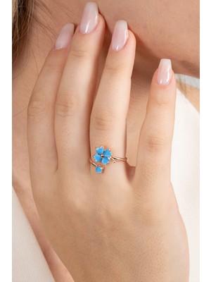 Söğütlü Silver 925 Ayar Gümüş Yüzük Rose Turkuaz Taşlı Üstten Ayarlamalı Yonca Modeli Yüzük SGTL13126MAVI