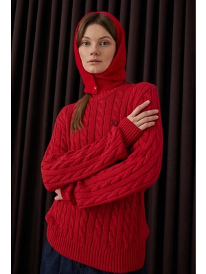 HE-QA Örgü Desenli Triko Kazak Kırmızı