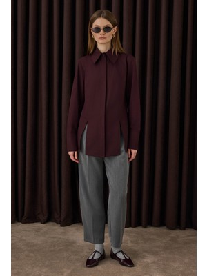 HE-QA Yırtmaç Detaylı Gömlek Bordo