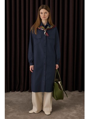 HE-QA Uzun Büzgü Detaylı Gömlek Koyu Lacivert