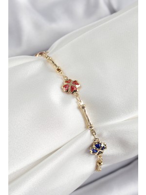 Pirinç Renk Karışık Renk Yonca Zirkon Taşlı Kadın Bileklik - TJ-BB7056