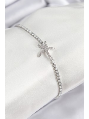 Pirinç Zirkon Taşlı Deniz Yıldızı Gümüş Renk Kadın Bileklik - TJ-BB7694