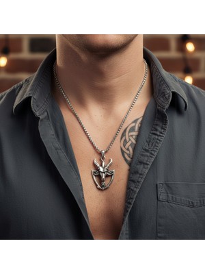 Alooya Baphomet Pagan - Keçi Şeytan Gümüş Kaplama Örme Zincir Kolye
