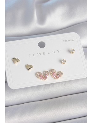 Pirinç Renk Pembe Zirkon Taşlı Kalp 925 Ayar Gümüş Çivi Kadın Küpe Seti - TJ-BKP10492