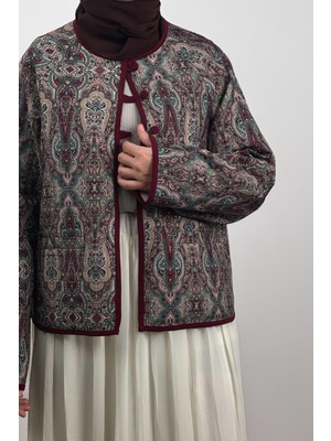 Ande Tesettür Kapitone Ceket - Bordo Desen