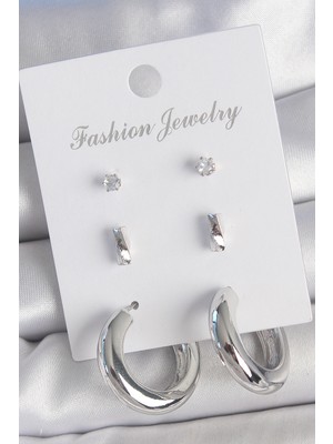 Pirinç Gümüş Renk Zirkon Taş Detay Halka 3 Çift Kadın Küpe Seti - TJ-BKP10598