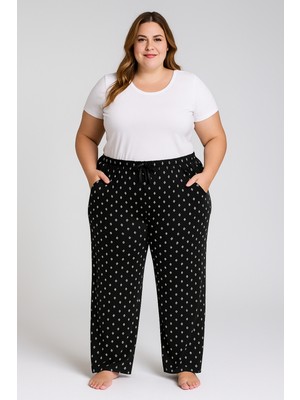 Made By Me Büyük Beden Pijama Altı Modal Kumaş Modern Kaliteli Siyah Kadın Alt Giyim Baklava Desenli
