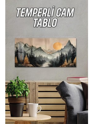KutuTR 3D Görünümlü Temperli Cam Tablo – Dağ Manzarası ve Gün Batımı Uv Baskı 30X60 cm - TVD009