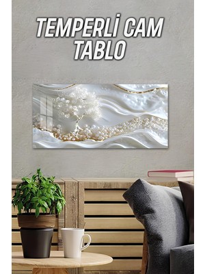 KutuTR 3D Görünümlü Temperli Cam Tablo – Inci Efektli Beyaz Ağaç Deseniuv Baskı 60X30 cm - TVD029
