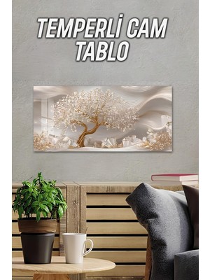 KutuTR 3D Görünümlü 2d Baskı Temperli Cam Tablo – Beyaz Çiçekli Ağaç Deseni Uv Baskı 60X30 Cm- TVD078
