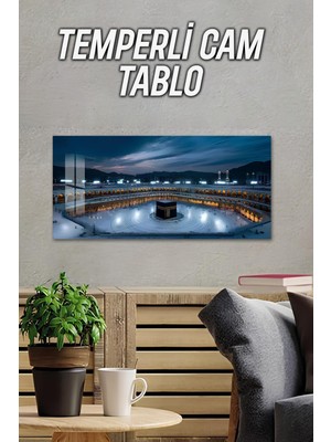 KutuTR 3D Görünümlü Temperli Cam Tablo – Kâbe Gece Manzarası Uv Baskı 60X30 cm - TVD028