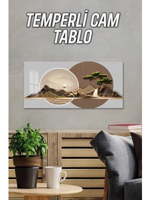 KutuTR 3D Görünümlü Temperli Cam Tablo – Dağ ve Yelkenli Tekne Temalı Uv Baskı 60X30 cm - TVD018