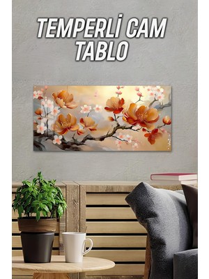 KutuTR 3D Görünümlü Temperli Cam Tablo – Turuncu Çiçek Desenli Modern Uv Baskı 60X30 cm - TVD031