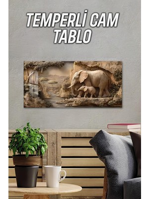 KutuTR 3D Görünümlü 2d Baskı Temperli Cam Tablo – Fil ve Doğa Manzarası Uv Baskı 60X30 Cm- TVD063