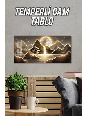 KutuTR 3D Görünümlü Temperli Cam Tablo – Dağ Manzarası ve Ay Işığı Uv Baskı 60×30 Cm- TVD039