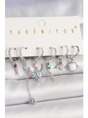 Pirinç Gümüş Renk Zirkon Taşlı Kuş Figür Çiçek Detay 6'lı Kadın Kombin Küpe - TJ-BKP10454