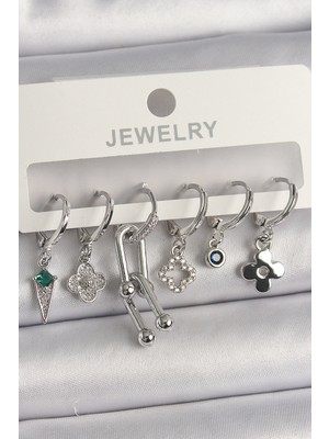 Pirinç Gümüş Renk Zirkon Taşlı Çoklu Figür Kadın Küpe Seti - TJ-BKP10095