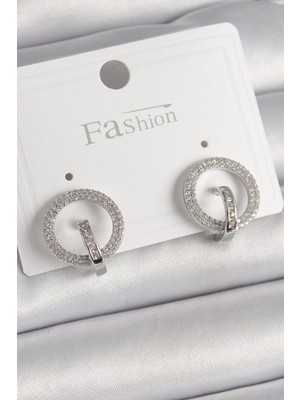 Pirinç Gümüş Renk Zirkon Taşlı Halka Kadın Küpe - TJ-BKP9924