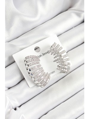 Pirinç Zirkon Taşlı Çoklu Görünümlü Gümüş Renk Kadın Küpe - TJ-BKP10631