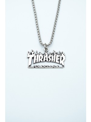 Alooya Thrasher Magazine Gümüş Kaplama Örme Zincir Kolye