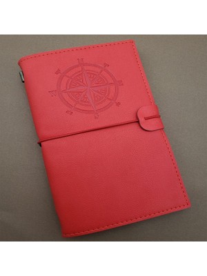 Pusula Tasarımlı Kırmızı Deri Defter