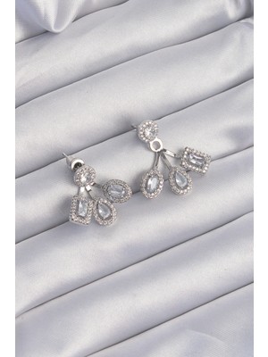 Pirinç Gümüş Renk Zirkon Taşlı Geometrik Küpe - TJ-BKP9209