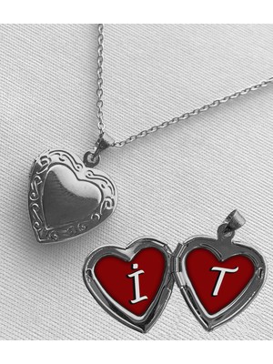 Bsb Çelik I T Harfli Açılır Kapanır Kapaklı Kalp Sevgili Arkadaşlık Kolyesi Epoksi Dolgulu Gümüş Renk