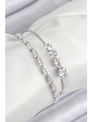 Pirinç Zirkon Taşlı Su Yolu Gümüş Renk Kadın Bileklik - TJ-BB7866