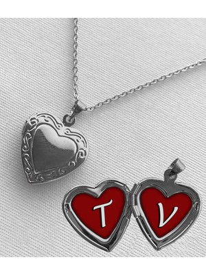 Bsb Çelik T V Harfli Açılır Kapanır Kapaklı Kalp Sevgili Arkadaşlık Kolyesi Epoksi Dolgulu Gümüş Renk