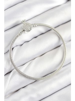 Pirinç Charm Zirkon Taşlı Taç Gümüş Renk Kadın Bileklik - TJ-BB7802
