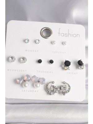 Pirinç Gümüş Renk Zirkon Taşlı Fiyonk Figür Inci Detay 7 Çift Kadın Küpe Seti - TJ-BKP10140