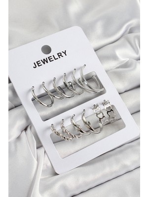 Pirinç Karışık Halka Gümüş Renk 6 Çift Kadın Küpe Set - TJ-BKP10877