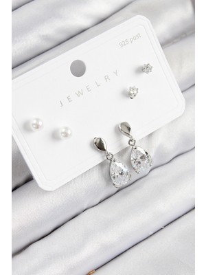 Pirinç Zirkon Taşlı Sallantılı Damla Gümüş Renk 925 Ayar Gümüş Çivi Kadın Küpe Set - TJ-BKP11