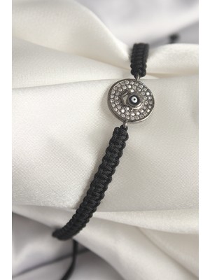 Pirinç Füme Renk Zirkon Taşlı Nazar Boncuk Işleme Makrome Asansörlü Kadın Bileklik - TJ-BB678