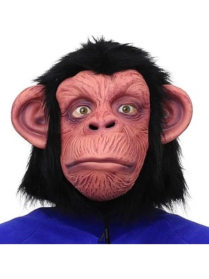 Siyah Saçlı Kafaya Tam Geçmeli Lateks Şempanze Maskesi - Lateks Maymun Orangutan Goril Maske Et Mas