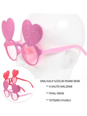 Pembe Renk Sim Işlenmiş Kalp Figürlü Parti Gözlüğü