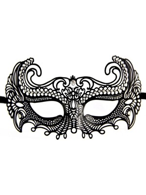 Siyah Renk Lazer Kesim Üzeri Kristal Taşlı Metal Balo Parti Venedik Maskesi