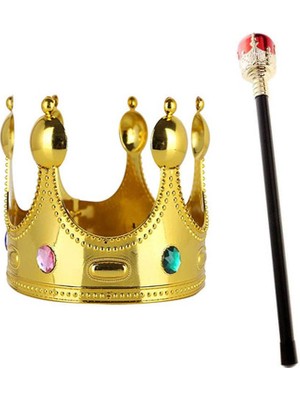 Çocuk Boy Altın Renk Kral Tacı ve Kırmızı Topuzlu Kral Asası