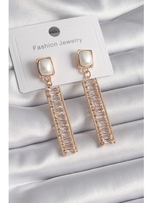 Pirinç Renk Kare Inci Zirkon Taşlı Su Yolu Kadın Küpe - TJ-BKP9610