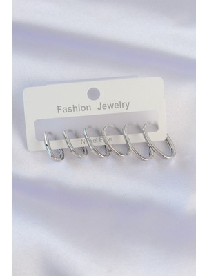 Pirinç Gümüş Renk Ince Oval Küpe Seti - TJ-BKP8989